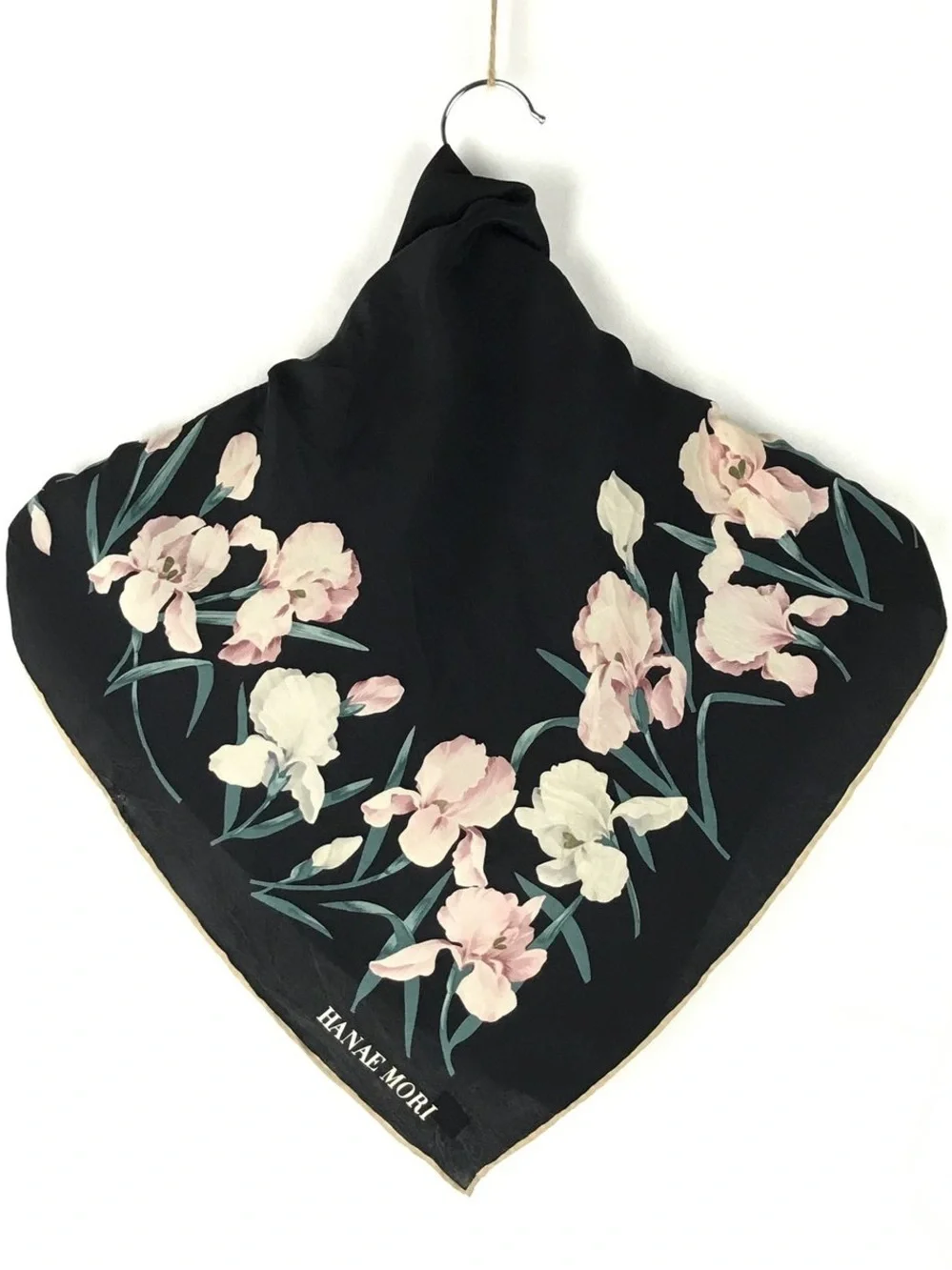 Hanae Mori Black Floral Silk Scarf - Pink & White Blooms 30 x 30